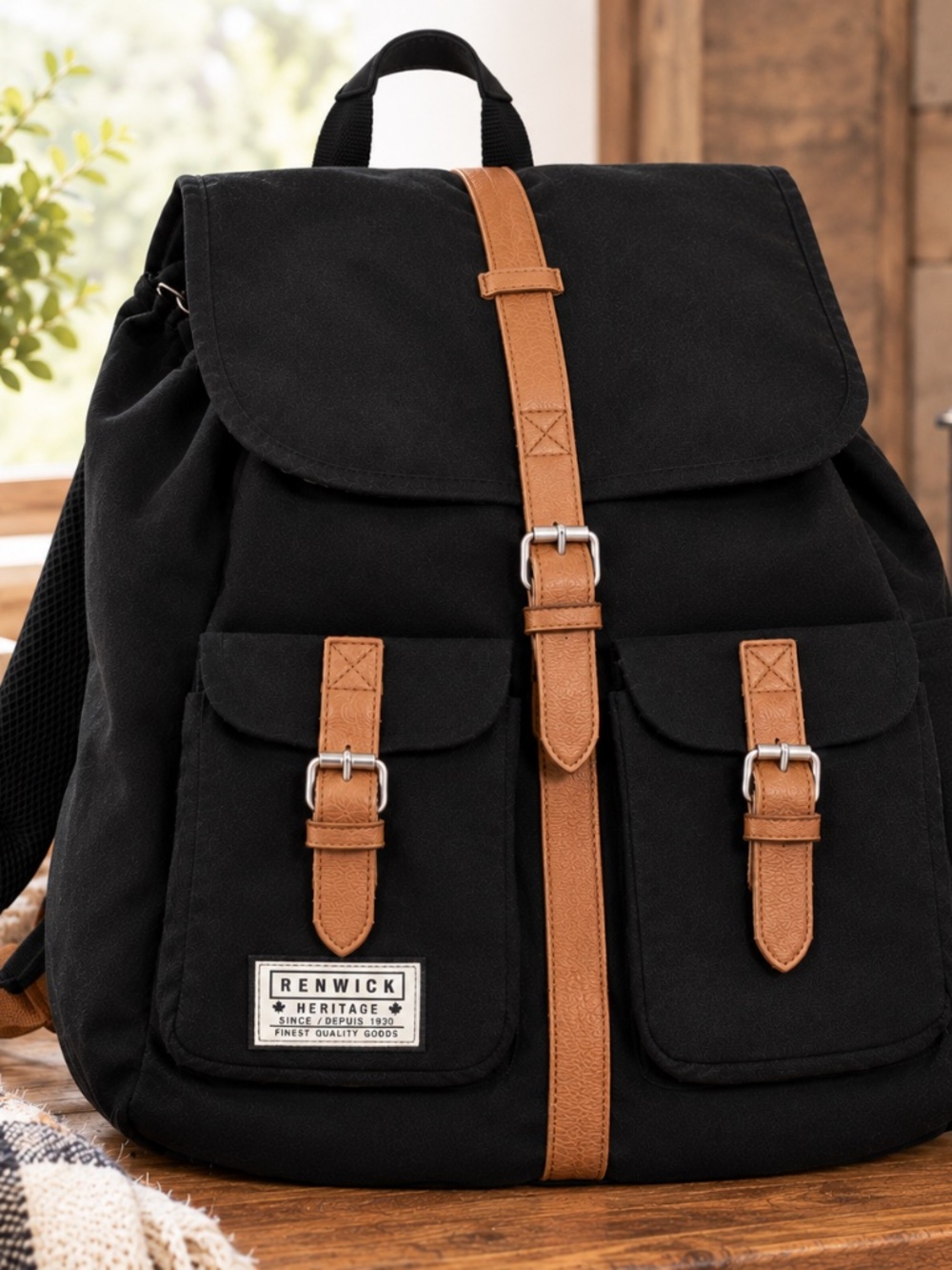 Renwick Heritage Rucksack Black Backpack With Brown Straps